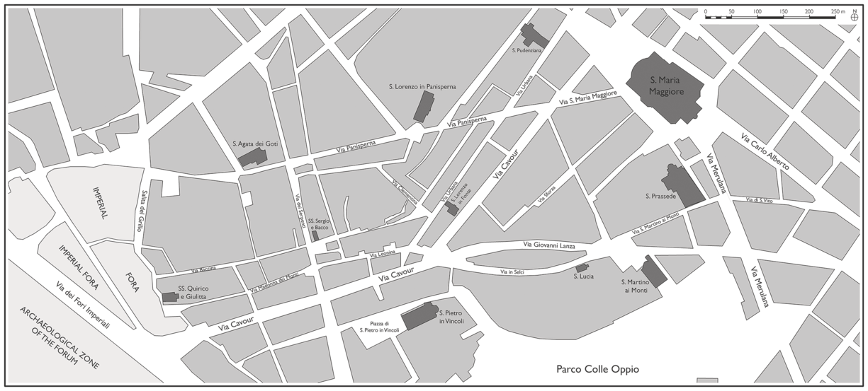 Map of the modern neighborhood of Monti in Rome showing streets, archaeological areas, modern churches, and urban blocks.