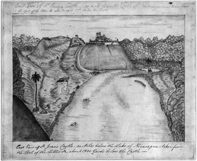 A painting shows a castle surrounded by nature, trees, and a river.