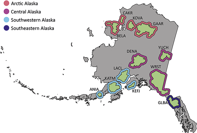 Map of Alaska showing the 11 National Park Units with confirmed or potential Cenozoic fossil plants.