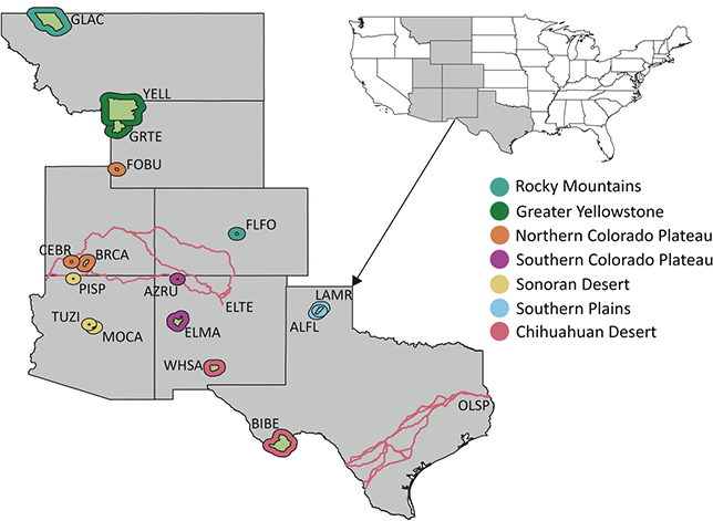 Map of the Intermountain Region showing the National Park Units with confirmed or potential Cenozoic fossil plants.