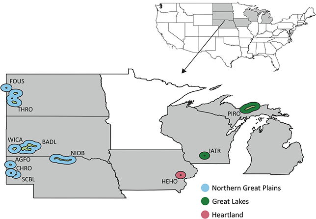 Map of the Midwest Region showing the National Park Units with confirmed or potential Cenozoic fossil plants.