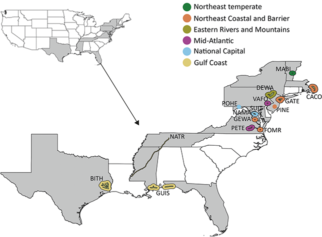 Map of the National Capital, Northeast, and Southeast Regions showing the National Park Units with confirmed or potential Cenozoic fossil plants.