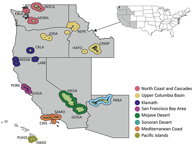 Map of the Pacific West showing the National Park Units with confirmed or potential Cenozoic fossil plants.