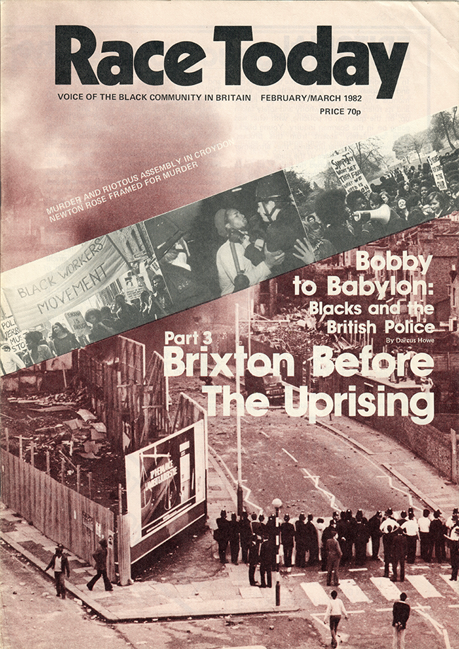 Cover image of the February/March 1982 issue of Race Today magazine featuring the headline: Brixton Before The Uprising by Darcus Howe. See long description.