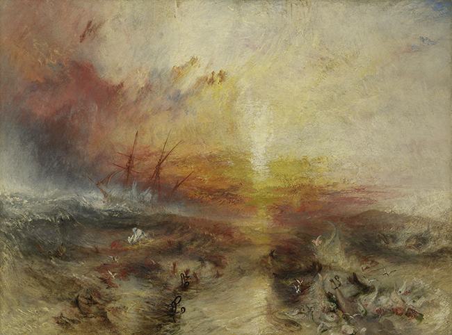 Painting shows a stormy sea with chained bodies in the water and a ship sailing into a fiery sunset, symbolizing the horrors of the transatlantic slave trade. See long description.