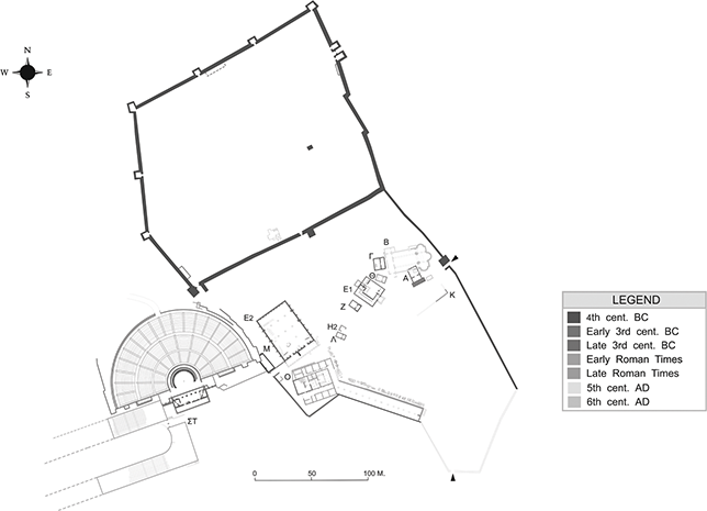 A line drawing of the site plan of the sanctuary of Dodona, as it developed over time. The site lies on a northwest axis; to the north are the walls surrounding the settlement of Dodon, and below that, the buildings of the sanctuary.