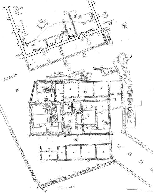 A line drawing of the ground plan of an ancient building, showing the path towards it, and the many rooms inside it. There is another building opposite it.