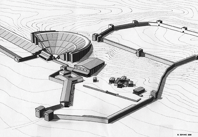 A drawing of the sanctuary of Dodona in the mid-third century, showing the buildings of the site and the surrounding walls of the settlement of Dodona above the sanctuary; contour lines show the shape and height of the landscape.