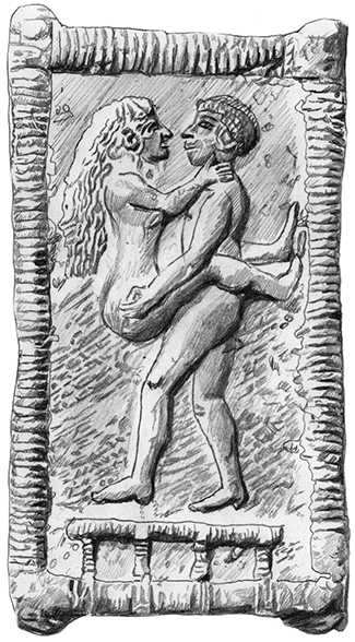 A full-length naked man in profile lies to the right facing a nude woman in profile whom he holds by the buttocks. The woman faces the man whom she holds by the neck, while her legs are wrapped around his pelvis.