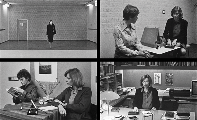 Each quadrant features a still color image from the film, A Question of Silence. See long description.