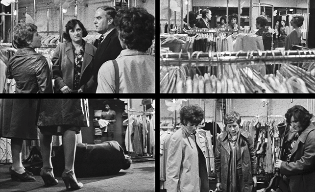 Each quadrant features a still color image from the film, A Question of Silence. See long description.