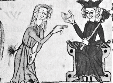 Two robed figures face each other, one standing with arms gestured and the other seated on a throne. The print is lively and colorful, like the conversation represented.