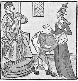 A woman bares her bottom to a seated judge, whose face is turned away in shock. A third individual stands looking on, hands apart as if startled.