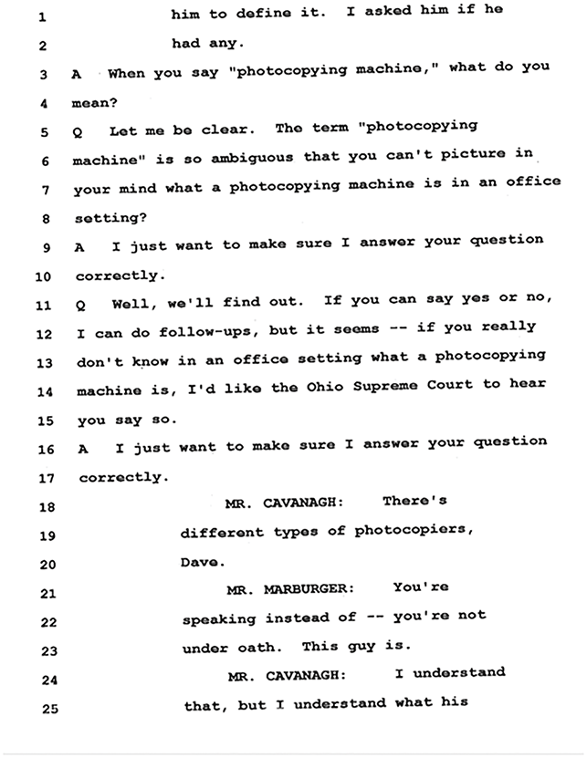 25 lines of a deposition transcript, in black and white.