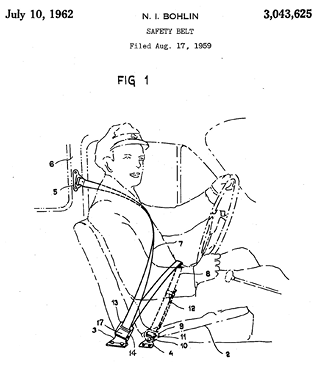 Technical patent illustration of a driver in a vehicle demonstrating the 3-point seatbelt design with numbered components. See long description.