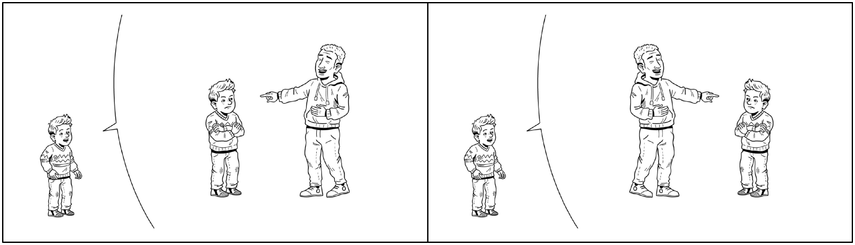 Two cartoon illustrations of a larger adult figure and a smaller child figure. In both illustrations, the adult is pointing at the child with their arms crossed. Another child stands behind a speech bubble in each illustration.