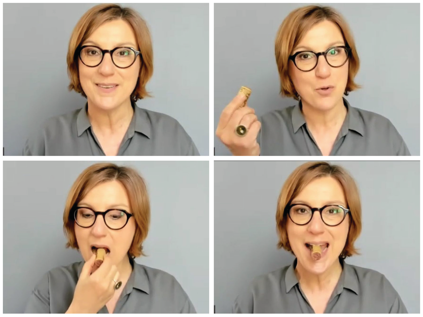 4 photos of a woman. Top left. The woman smiles as she poses for the camera. Top right. The woman holds a small object in her left hand. Bottom left. The woman holds the object in her mouth. Bottom right. The woman holds the object using her lips.