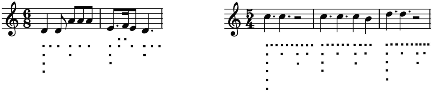 An illustration of two musical staves with quarter and eighth notes, along with some dotted quarter notes. There are also dotted rhythms below the staves. The time signature is 6 by 8 and 5 by 4 on the left and right staves, respectively.