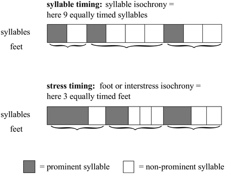 An illustration of two different rhythmic patterns for speech, syllable timing and stress timing. See long description.