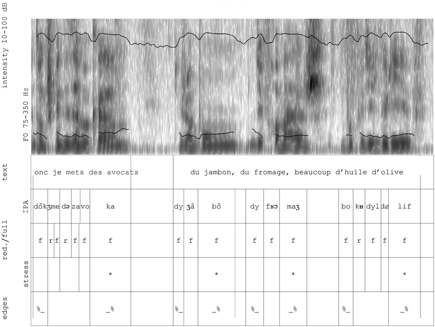 A tabular chart for the phonetic transcription of a sentence, that reads, donc je mets des avocats and du jambon, du fromage, beaucoup d'huile d'olive. See long description.
