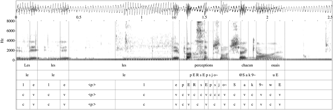 A spectrogram of spoken phrases in a foreign language. The vertical axis represents the frequency which ranges from 0 through 8000 hertz. Vertical lines delineate different sections of the phrases. The phonetic elements are given below.