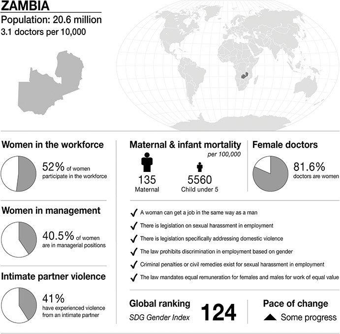 An infographic on gender statistics in Zambia, covering workforce participation, management roles, intimate partner violence, maternal and infant mortality, gender in medicine, and gender equality legislation. See long description.