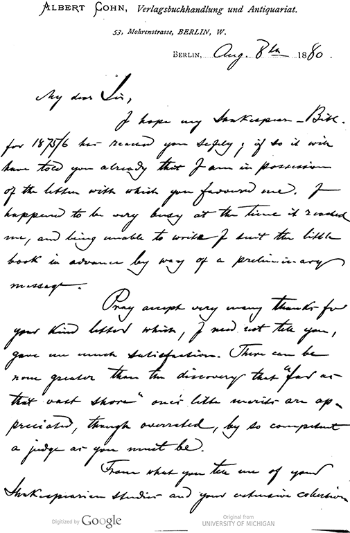 Handwritten letter on paper with printed header: “Albert Cohn, Verlagsbuchhandlung und Antiquariat. 53, Mohrenstrasse, BERLIN, W.” With date line filled in “Berlin, Aug 8th, 1880.”See long description.