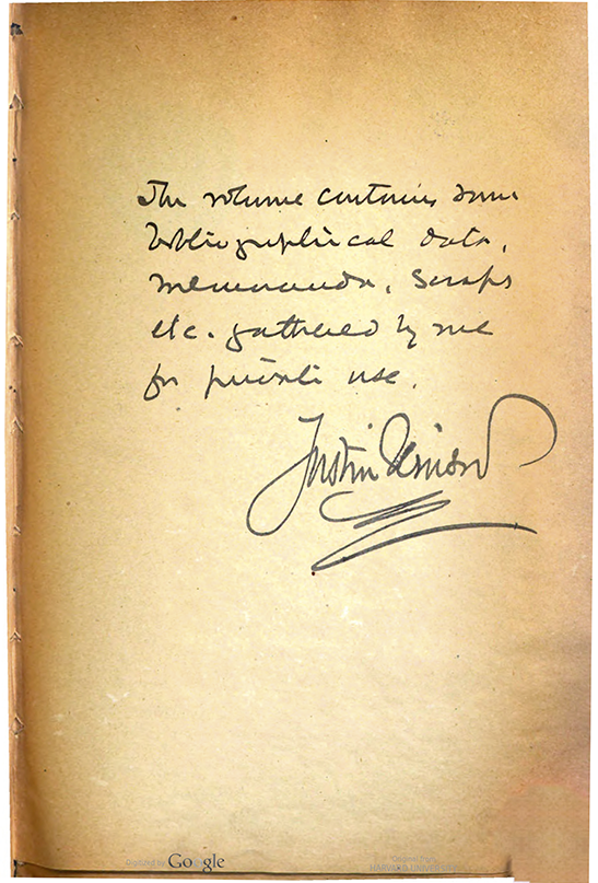 Handwritten note by Winsor: “This volume contains some bibliographical data, memoranda, scraps, etc. gathered by me for private use. Justin Winsor”