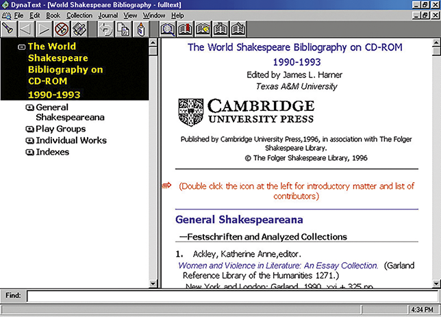 Screenshot showing “The World Shaksepeare Bibliobgraphy on CD-ROM 1990-1993, Edited by James L. Harner, Texas A&M University.” “Published by Cambridge University Press, 1996, in association with the Folger Shakespeare Library.”See long description.
