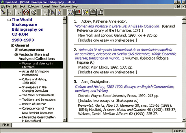 Screenshot showing “browse text screen” from World Shakespeare Bibliography with menu items. See long description.