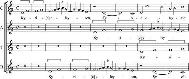 An example of 4-part 16th-century polyphony with the text: Kyrie eleison. It is performed by 8 female voices, viol doubling the lowest part and organ doubling all parts.