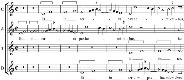 An example of 4-part 16th-century polyphony with the text: Et in terra pax hominibus. It is performed by 8 female voices, viol doubling the lowest part and organ doubling all parts.