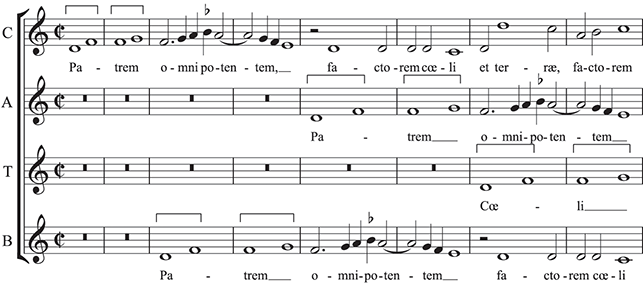 An example of 4-part 16th-century polyphony with the text: Patrem omnipotentem, factorem coeli et terrae. It is performed by 8 female voices, viol doubling the lowest part and organ doubling all parts.