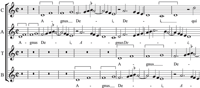 An example of 4-part 16th-century polyphony with the text: Agnus Dei qui. It is performed by 8 female voices, viol doubling the lowest part and organ doubling all parts.
