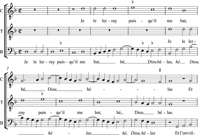 An example of 3-part 16th-century polyphony with the text: Je le lerray puisqu’il me bat, hé Dieu, helas. Et l’ort. It is sung by 3 female voices.