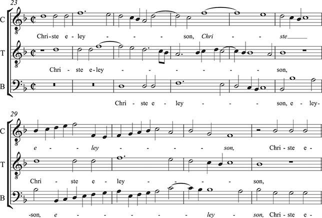 An example of 3-part 16th-century polyphony with the text: Christe eleison. It is sung by 6 female voices.