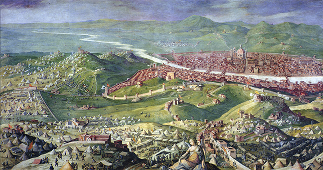 A sixteenth-century painting of a panoramic view of the city of Florence, as the artist imagined it to be during the Siege of 1527-1530. See long description.