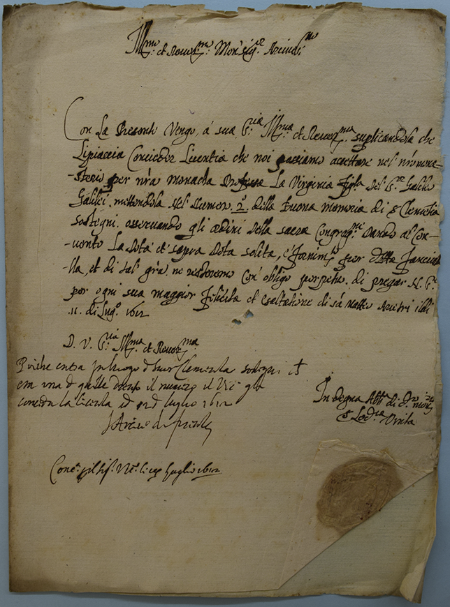 A yellowing sheet of paper, folded lengthwise to create 2 pages, on which is written a letter and several annotations in different handwriting. The bottom right-hand corner of the front page has been folded in, with traces of a red wax seal.