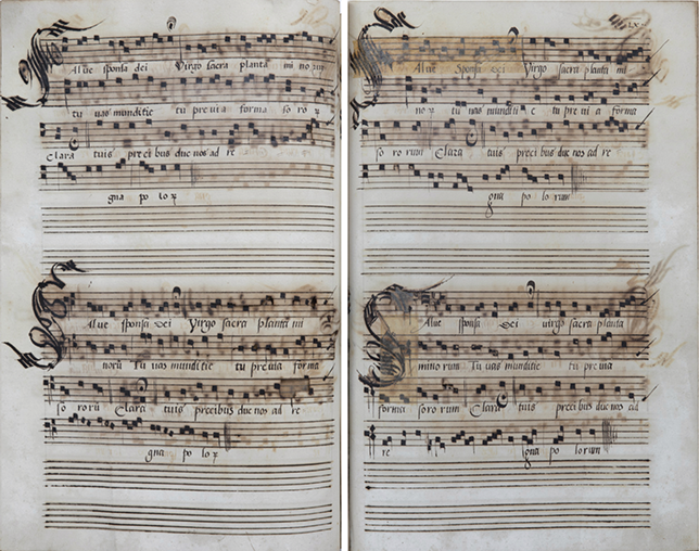 Two pages of a sixteenth-century music manuscript. On each page, there are two vocal parts. All four parts are written in black chant notation. See long description.