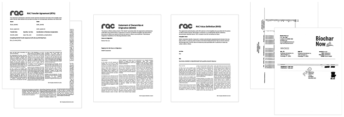 Four document pages shown side by side illustrating the components of a RAC contract: the RTA, the SOAO, the RVD, and a redacted evidence document. See long description.