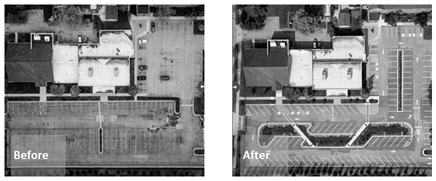 Aerial before-and-after photos of a church parking lot, showing a worn, unmarked lot transformed into a newly striped layout with a large central bioswale. See long description.