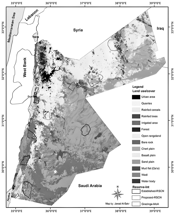 Map of Jordan showing land use types and locations of existing, proposed, and grazing-designated protected areas. See long description.