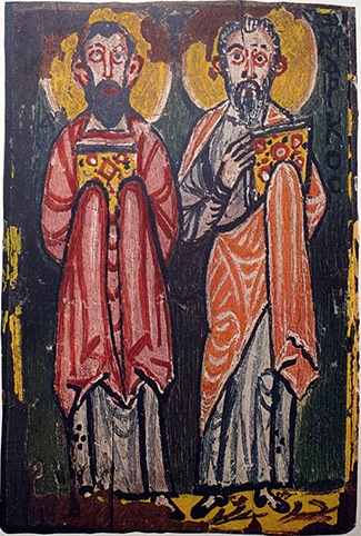 Two bearded male figures with long read, orange and blue mantles, and nimbuses.