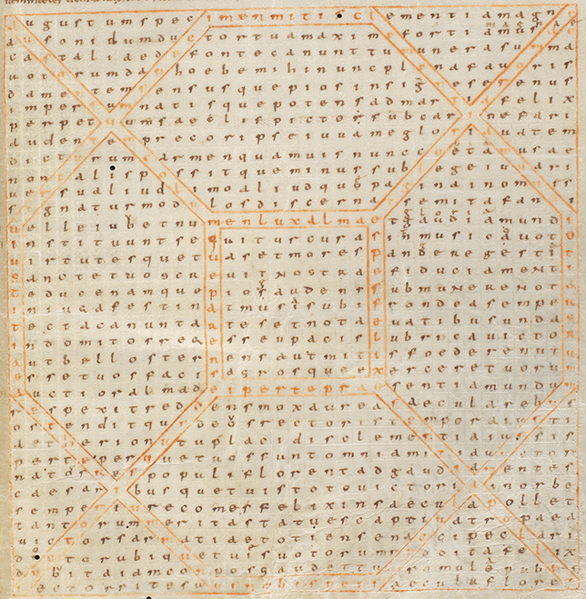 Example of one of Optatian’s poems with an intertext yielding a pattern of geometrical forms, highlighted and traced by the medieval scribe with orange ink to set it apart from the rest of the poem written in black ink.