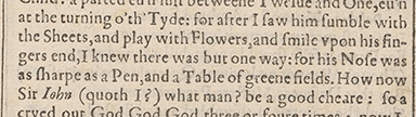 Image of a passage from F Henry V, showing the crux ‘a Table of greene fields’, emended by Theobald to ‘’a babbled of green fields’.