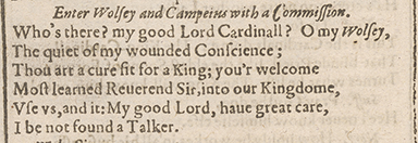 Image from F Henry VIII showing an instance of a passage where an editor might insert a stage direction and create a textual note to explain her action to the reader.