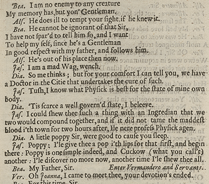 Image of a passage from Q Middleton and Rowley’s The Changeling, showing challenges for the editor in choosing to mark speeches as ‘aside’ or ‘apart’.