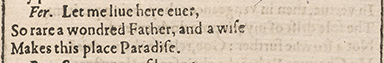 Image of a passage from F The Tempest, showing the lines ‘So rare a wondred Father, and a wise / Makes this place Paradise’ as the basis for a discussion of the wife/wise crux.