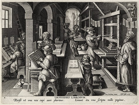 Image of an early seventeenth-century Flemish print shop showing the various tasks – compositing, inking, printing, proofreading – being undertaken by print workers.