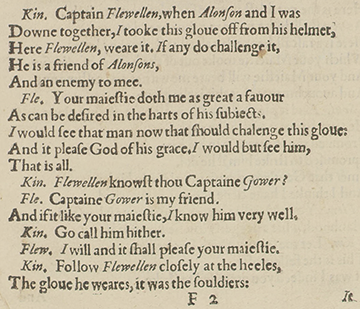 Image of a passage from Q1 Henry V, showing prose set as verse to fill out the page, probably as a result of an error of casting off.